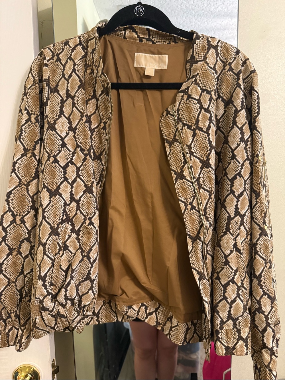 Michael Kors Tan Brown Snake Print Bomber Jacket
